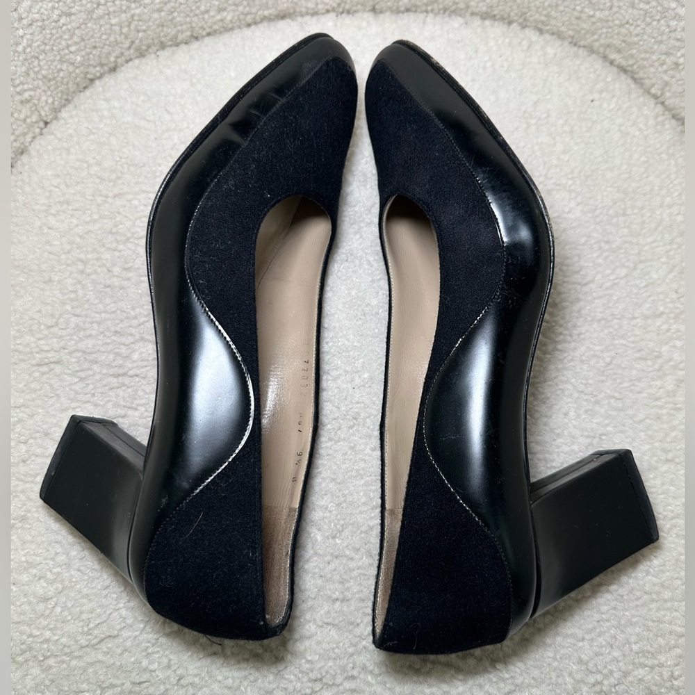 Salvatore Ferragamo Black Suede & Leather Block Heel Pumps Preppy Money 9.5 - Picture 3 of 12